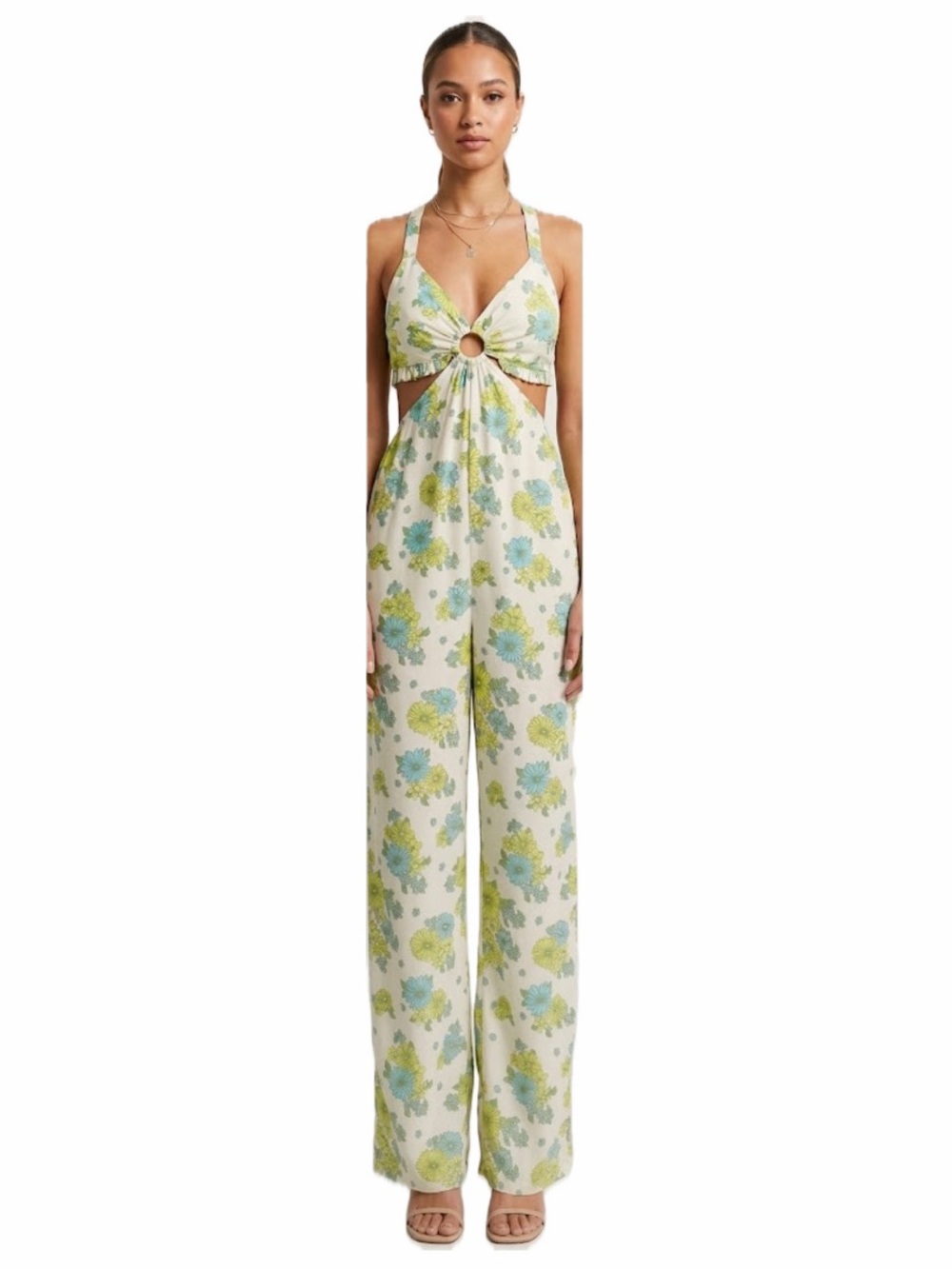 MISS SELFRIDGE WOMEN 2 CUT-OUT OPEN BACK WIDE LEG FLORAL JUMPSUIT GREEN NWT